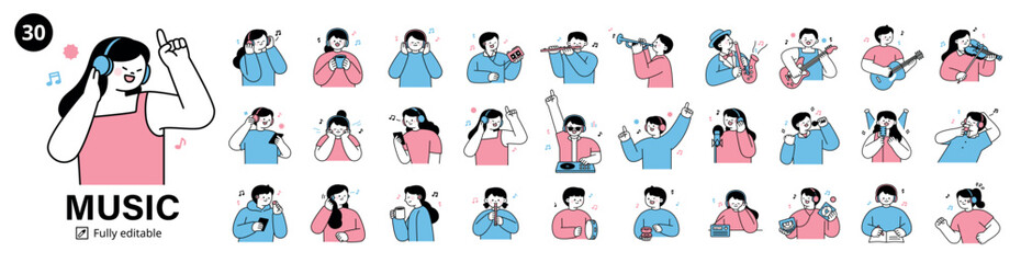 People enjoying music through listening, singing, and playing instruments. Includes guitar, violin, saxophone, flute, DJ, and radio. Flat and modern line art style with pastel tones.  © MINIWIDE