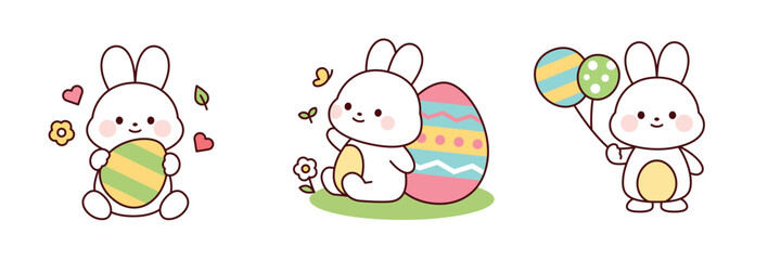 Adorable Easter bunny illustration featuring a rabbit with decorated eggs, a grassy field, and egg-shaped balloons. Soft pastel tones and a minimal flat design style. 