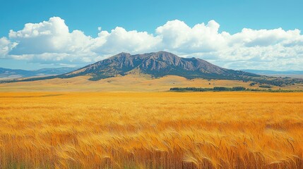 Fototapeta premium Golden wheat field swaying under a bright blue sky with distant mountains and fluffy clouds