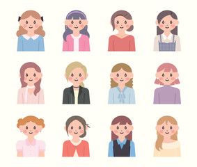 Fototapeta premium A collection of 12 diverse female portraits featuring different hairstyles, outfits, and accessories. Soft pastel colors and a minimal, modern design. Perfect for themes related to beauty, diversity