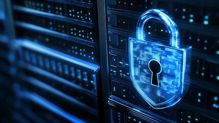 Obraz premium Digital Concept of Data Security with a Padlock Overlaying Server Racks in a Futuristic Environment