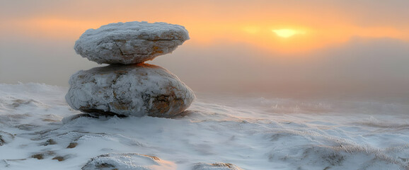 Stacked Rocks Under Snowy Sunrise