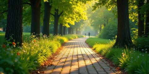 A Sunlit Brick Pathway Winding Through a Lush Green Park with Blooming Flowers and Tall Trees on a Peaceful Morning