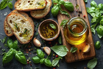 Artisan olive oil and fresh bread rustic kitchen food photography natural ingredients close-up culinary delight