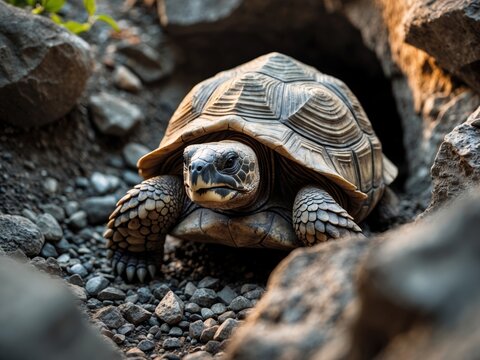 Tortoise peeking out from rocky burrow with curious expression and textured shell.