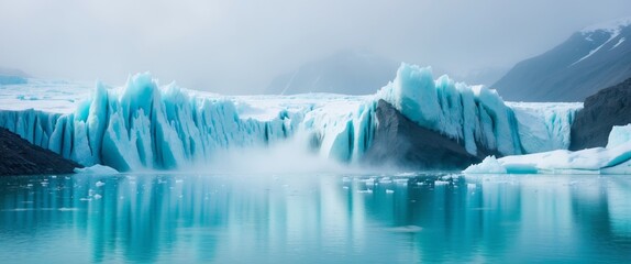 Stunning icy landscape featuring a cascading glacier waterfall into a serene turquoise lake