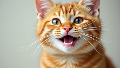 Funny smiling cat with a cute expression, Red background highlights the animal's ginger fur.