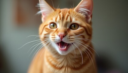 Ginger kitty smiling with a funny expression, Perfect pet for a loving family.
