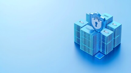 Digital Data Security Concept with Server Stacks and Lock Icon on a Blue Background for Cyber Protection Themes