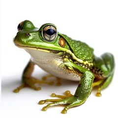 Obraz premium A highly detailed, photo-realistic close-up of a vibrant green frog, isolated on a pure white background.