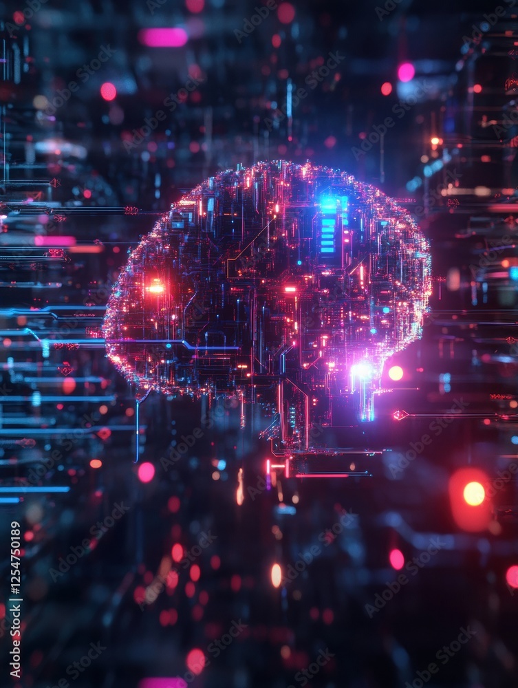 Poster Abstract digital brain illustration with glowing circuits and connected wires representing advanced technology and intelligence. Generative AI