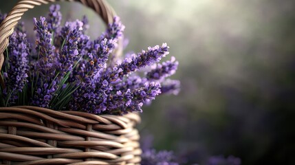A beautifully arranged basket of lavender flowers in a soft-focus garden setting, evoking tranquility