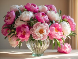 Obraz premium Bright peonies in a glass vase create a stunning centerpiece for home decor or special occasions