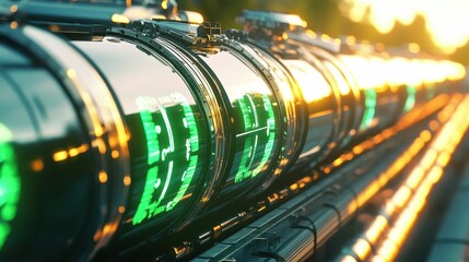 A long line of pipes with digital displays on them