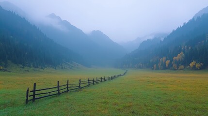 Misty mountain valley, fence, autumn grass. Peaceful landscape for travel brochures