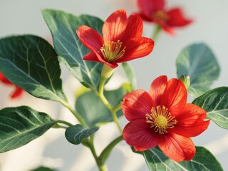 Stunning Red and White Flowers with Green Leaves Closeup.