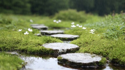 Fototapeta premium Rainy day, stone path, moss, tranquil garden