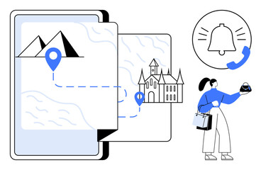 Digital map with location pins marking mountains and a castle, woman interacting with the map, notification alert. Ideal for travel planning, location services, technology integration, navigation