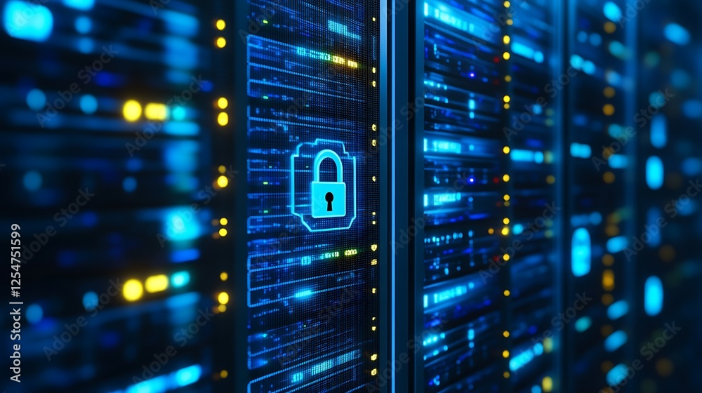 Poster digital lock symbol on network server background with futuristic blue digital effect and data protec