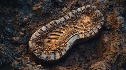 Close-up of a muddy footprint in soft soil, highlighting texture and details of the tread pattern