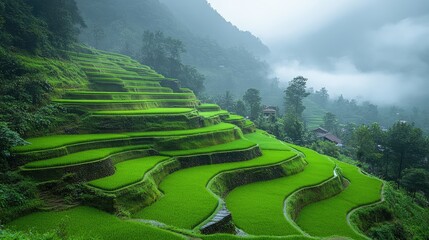 Lush green terraced rice fields on misty mountainside with distant village in serene landscape