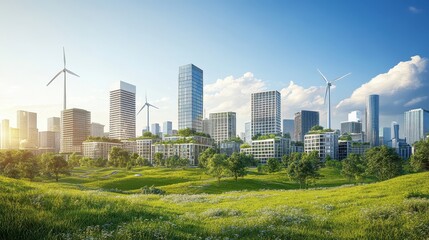 Obraz premium A city with many buildings and a large green field