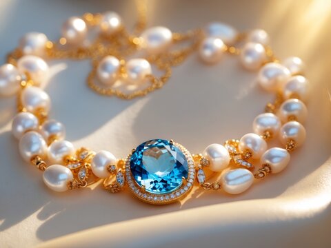Golden necklace with blue topaz and pearls shining in sunlight.