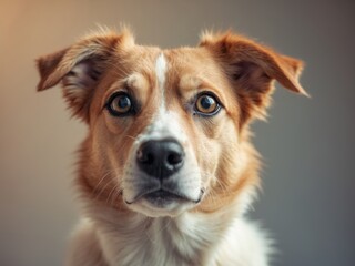 A close up of a dog looking up at the camera