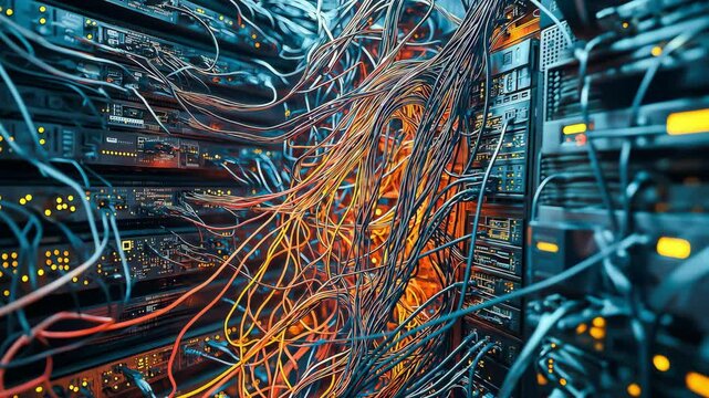 The cables are intertwined, Tangled electrical cables fiber-optic internet connections for a data system, connected to computers in a server rack in a server room	