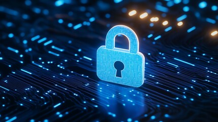 Digital padlock on virtual circuit board with glowing binary data representing cybersecurity and data protection