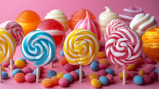 Lollipops and different colored round candy