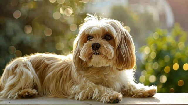 Charming havanese dog relaxing outdoors in sunny garden setting AI