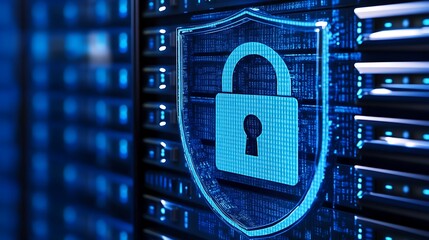 Digital security concept illustrating secure data storage with padlock and shield on futuristic server background