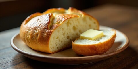 A freshly baked loaf of artisan bread, sliced and presented on a rustic plate, with a pat of butter melting atop a piece, showcasing its golden crust and airy crumb