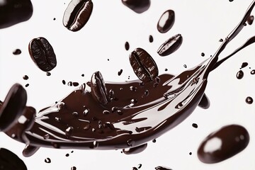 Dark, glossy coffee beans scatter elegantly on a clean white backdrop, ideal for coffee-themed designs and culinary inspiration.