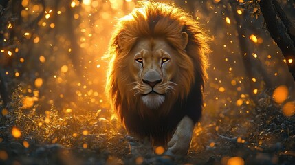 Majestic lion walking through a sunlit forest, surrounded by glowing particles and foliage