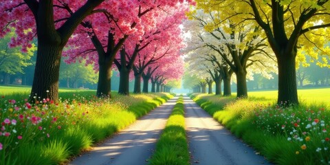 Fototapeta premium A picturesque path lined with blossoming trees in vibrant spring colors, a tranquil scene of nature's beauty