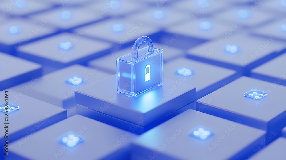 Poster digital security concept with blue keyboard keys and transparent lock symbolizing data protection an