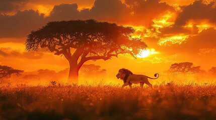 Majestic lion walking through golden grassland at sunset, with a silhouette of a large tree in the background