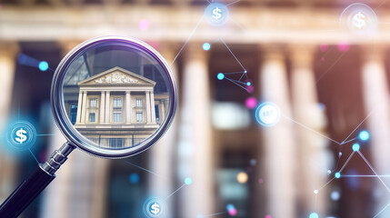 Banking Regulation Magnifying Glass: Scrutinizing Financial Documents, Ambiguous Regulatory Oversight Concepts, and Banking Symbols with Currency Icons