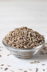 Jeera Seeds or White Cumin in a Glass Bowl Isolated on White Background