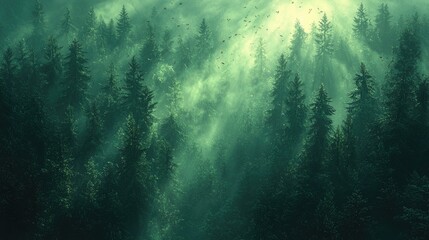 Obraz premium Serene forest landscape with sunlight filtering through trees, creating a mystical atmosphere