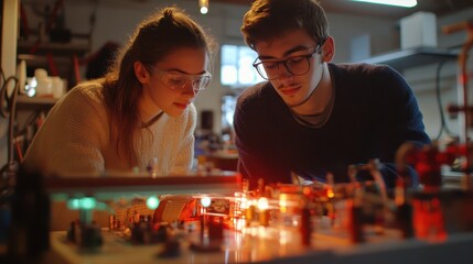 A man and a woman are looking at a model of a machine