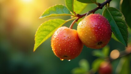 Obraz premium Golden hour sunlight illuminates dew-kissed apples hanging from a branch, showcasing vibrant autumnal colors and the beauty of nature's bounty.