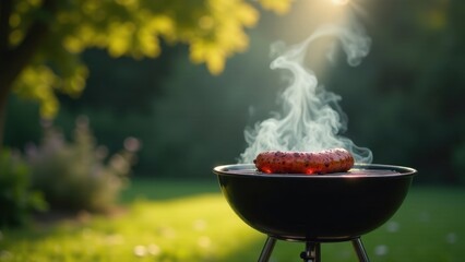 A succulent sausage grilling on a charcoal barbecue, emitting fragrant smoke, in a serene outdoor setting bathed in warm sunlight