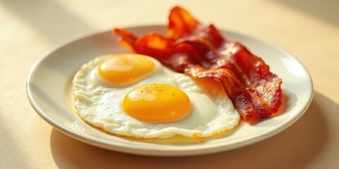 A delightful breakfast plate featuring sunny-side up eggs and crispy bacon, perfectly cooked and ready to enjoy a healthy start to the day.