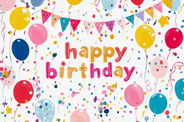 colorful birthday banner with balloons and streamers. The banner says Happy Birthday. The balloons are in various colors and sizes, and the streamers are also colorful