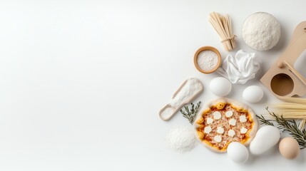 Flat lay of fresh pizza ingredients on a white background with oregano, flour, eggs, and wooden utensils.