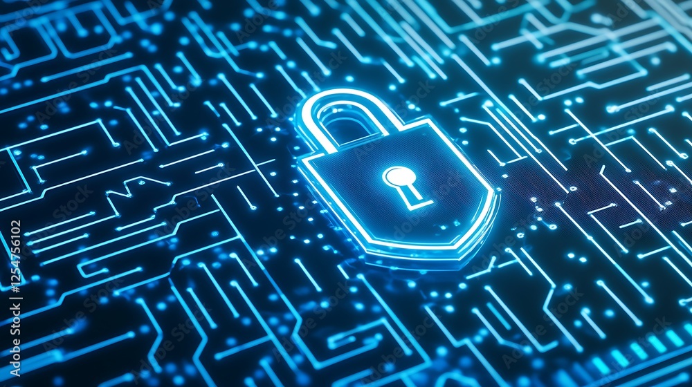Poster digital security concept with lock symbol on circuit board background in futuristic style