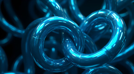 Abstract Blue Chain Links Intertwined: Shiny Metallic Rings, Conceptual Connection, Modern Art, 3D Render, Futuristic Design, Network, Interlocking Elements